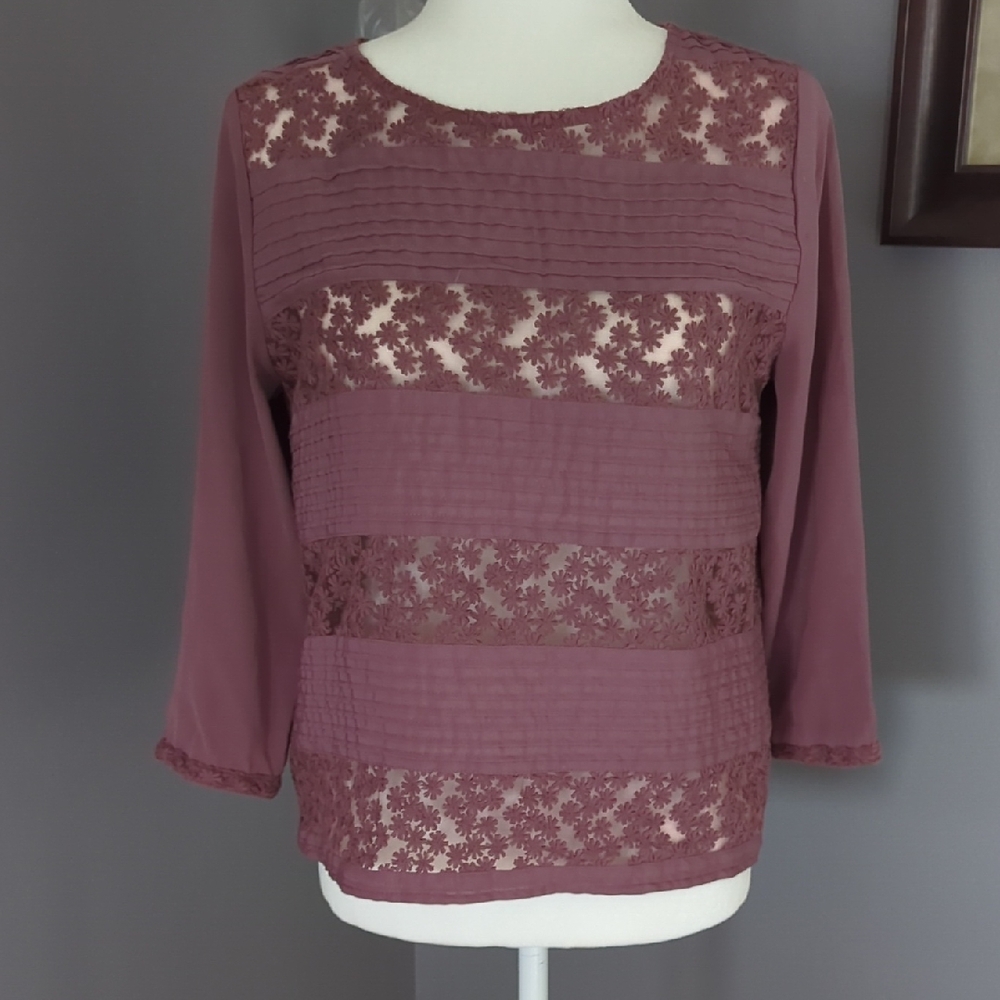 3 For $30. Hinge Mauve Lace Stripe Blouse
